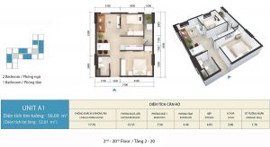 Mặt bằng căn hộ 2 phòng ngủ với diện tích 52,01m2